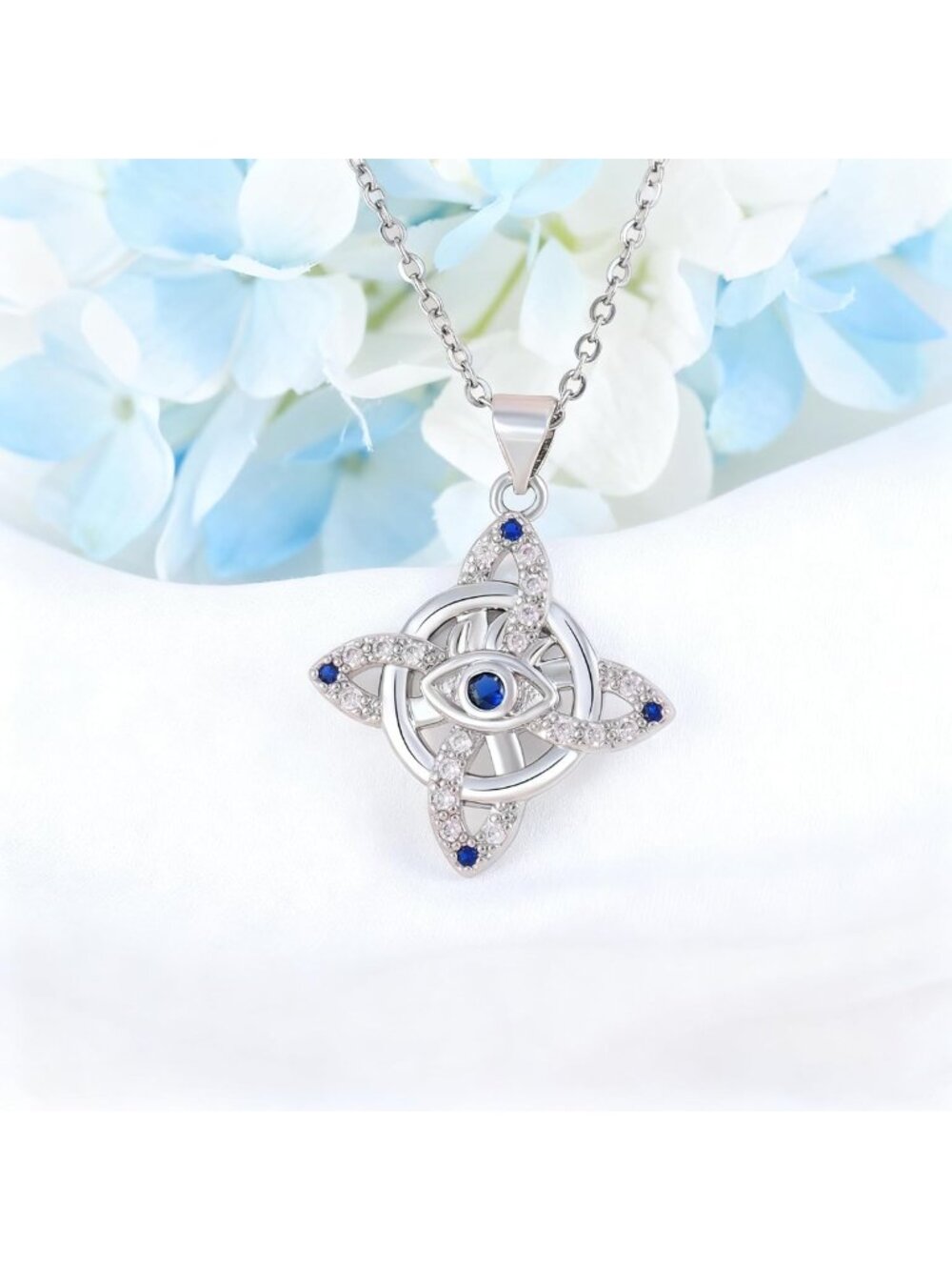 Celtic Knot Sterling Silver Necklace with Blue CZ Evil Eye Pendant - Irish - Picture 2 of 6